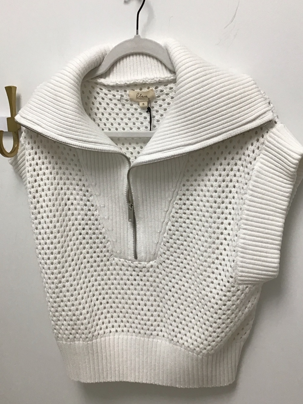 Elan White Sleeveless Zip-Neck Open-Knit Sweater crochet